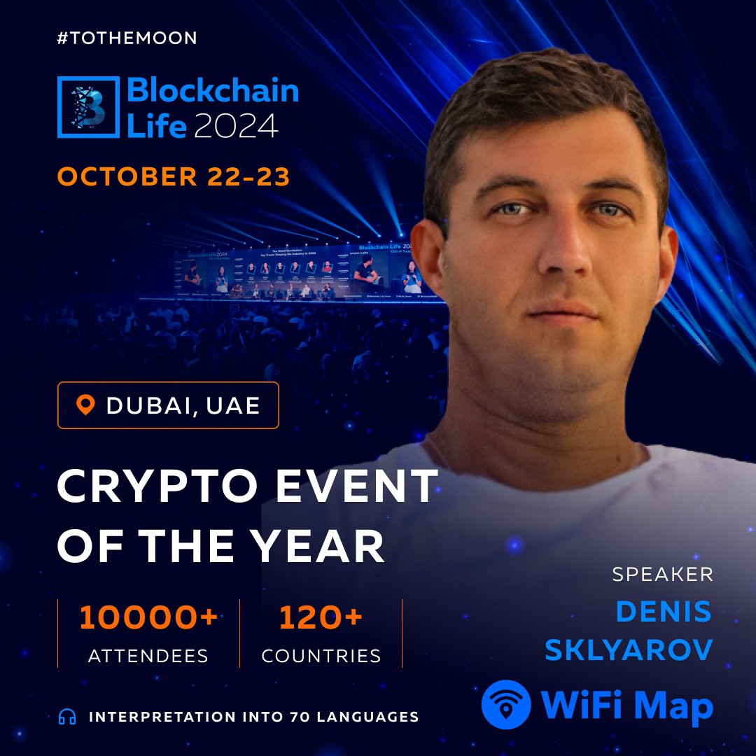 BlLife_Forum's tweet photo. Denis Sklyarov Joins #BlockchainLife2024 in Dubai

Meet @WiFiMapCEO, the CEO of @wifimapapp, and 10,000+ attendees on October 22-23. The AI-powered translation of speeches into 70 languages is included in the ticket.

⚡️ Buy your ticket to the Crypto Event of the Year:
https://t.co/UA3GG58YCo