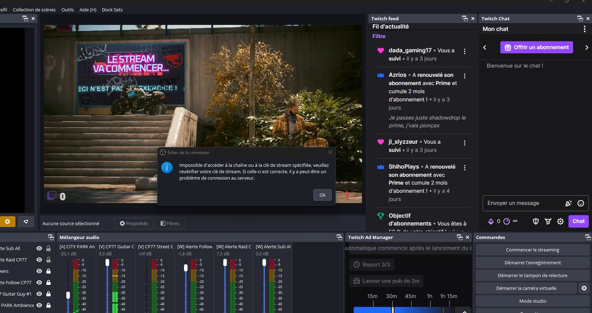 ChromaBlind_'s tweet image. J'arrive pas à lancer le stream 🧐
Dès que possible j'arrive, si quelqu'un à une idée je suis preneur
(J'ai déjà essayé de déco/reco le compte twitch, redémarrer OBS, changer de serveur manuellement, utiliser la clé de stream au lieu du compte, je comprend pas)...