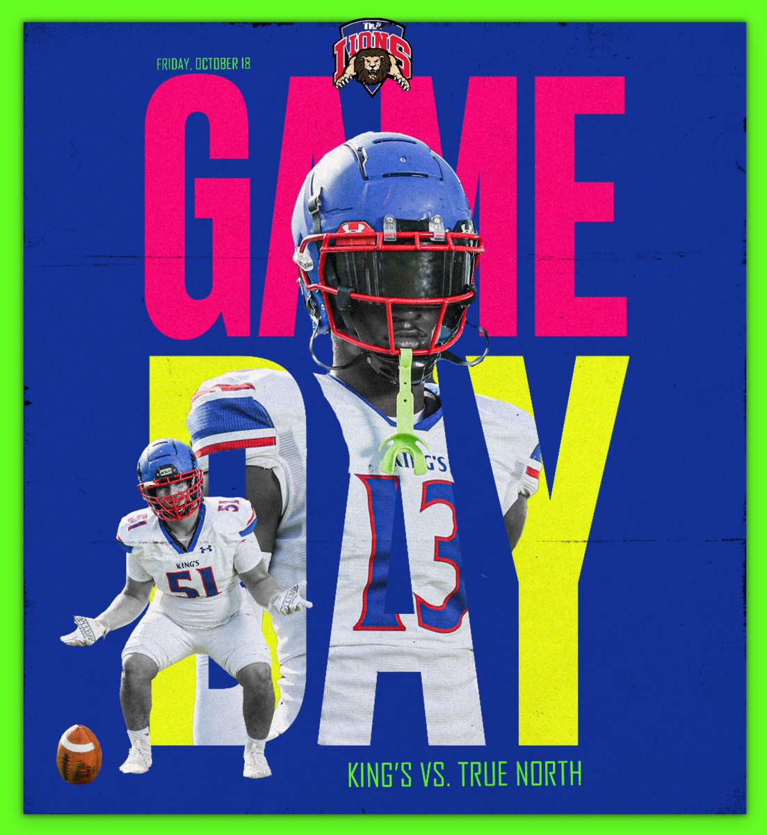 The King’s Academy Athletic Dept. (@tkalions) on Twitter photo Come out to Kahlert Stadium tonight as your district champion football team hosts True North at 6:30. It’s NEON NIGHT so wear your bright colors and support the Lions! #tkafootball 🏈
<a href="/TKAWPB/">The King's Academy</a> <a href="/pbphighschools/">Post on High Schools</a> <a href="/ESPNWestPalm/">ESPN WEST PALM (106.3 FM)</a> <a href="/TKALionsFB/">TKA Lions Football</a> <a href="/CoachBurack22/">Dan Burack</a> <a href="/FlaHSFootball/">FloridaHSFootball.com</a> <a href="/EraPrep/">New Era Prep</a> Come out to Kahlert Stadium tonight as your district champion football team hosts True North at 6:30. It’s NEON NIGHT so wear your bright colors and support the Lions! #tkafootball 🏈
<a href="/TKAWPB/">The King's Academy</a> <a href="/pbphighschools/">Post on High Schools</a> <a href="/ESPNWestPalm/">ESPN WEST PALM (106.3 FM)</a> <a href="/TKALionsFB/">TKA Lions Football</a> <a href="/CoachBurack22/">Dan Burack</a> <a href="/FlaHSFootball/">FloridaHSFootball.com</a> <a href="/EraPrep/">New Era Prep</a>