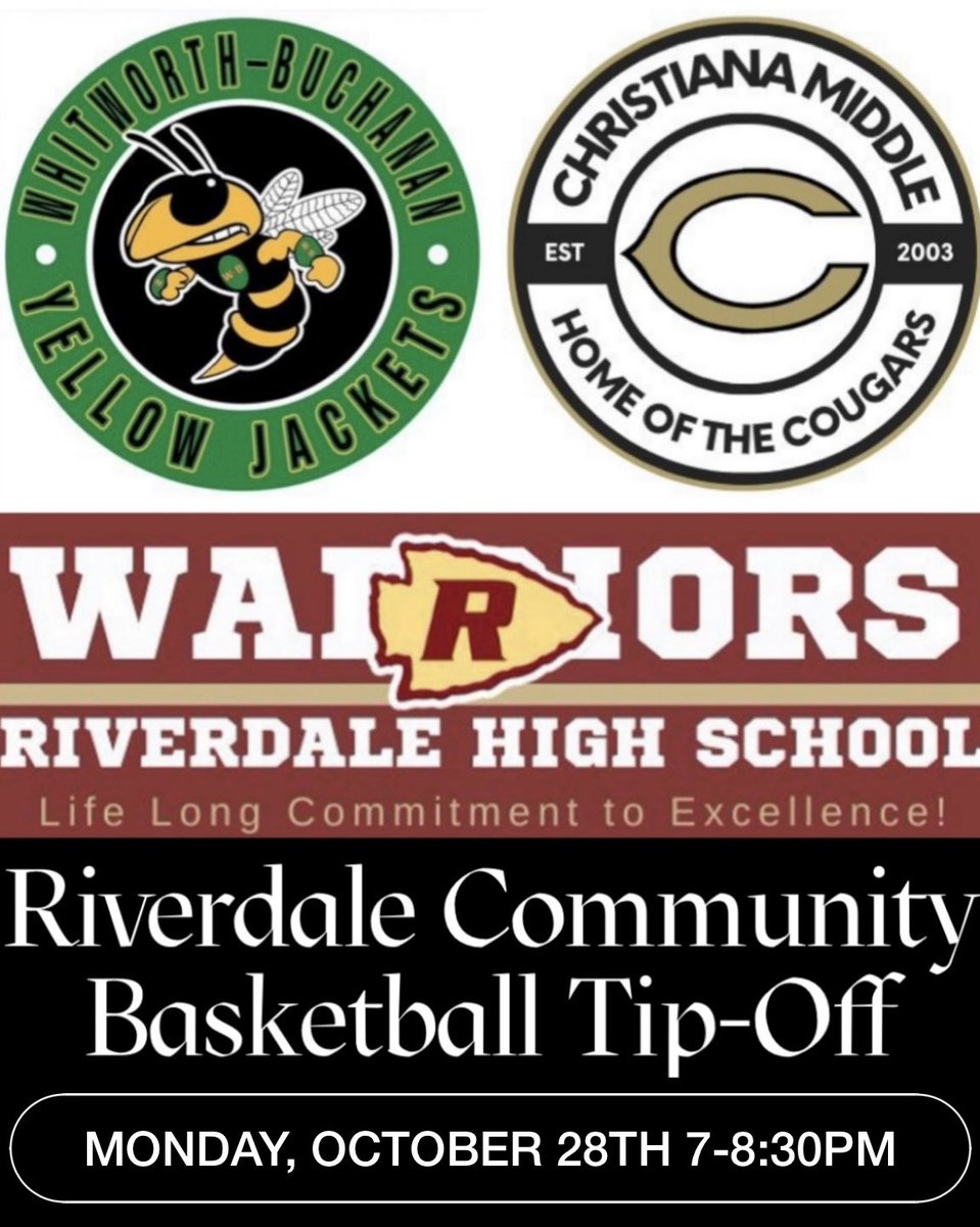 Joshua Bugg (JB) (@joshuabugg4031) on Twitter photo Hey 👋 Riverdale Community 👋
WE hope to see you there… 👀<a href="/RiverdaleHighTN/">Riverdale HS</a> <a href="/RHS_SID/">David Limbaugh</a> <a href="/vossm1/">Michael Voss</a> <a href="/daleyeahcheer/">ⓇⒾⓋⒺⓇⒹⒶⓁⒺ ⒸⒽⒺⒺⓇ</a> <a href="/RiverdaleLW/">Riverdale Lady Warriors Basketball</a> <a href="/RiverdaleHoops/">Riverdale Basketball</a> <a href="/chmscougars/">Christiana Cougars</a> <a href="/wbmsboro/">Whitworth-Buchanan Middle School</a> <a href="/ChmBasketball/">CHM Girls Basketball</a> <a href="/wbmsgirlsbb/">WBMS Girls Basketball</a>
Doors 🚪 will open at 6:15 pm ⏰
Two weeks away 📅🏀🔜 <a href="/tljblair/">Tamera Blair</a> <a href="/CoachLBKing/">Coach King</a> Hey 👋 Riverdale Community 👋
WE hope to see you there… 👀<a href="/RiverdaleHighTN/">Riverdale HS</a> <a href="/RHS_SID/">David Limbaugh</a> <a href="/vossm1/">Michael Voss</a> <a href="/daleyeahcheer/">ⓇⒾⓋⒺⓇⒹⒶⓁⒺ ⒸⒽⒺⒺⓇ</a> <a href="/RiverdaleLW/">Riverdale Lady Warriors Basketball</a> <a href="/RiverdaleHoops/">Riverdale Basketball</a> <a href="/chmscougars/">Christiana Cougars</a> <a href="/wbmsboro/">Whitworth-Buchanan Middle School</a> <a href="/ChmBasketball/">CHM Girls Basketball</a> <a href="/wbmsgirlsbb/">WBMS Girls Basketball</a>
Doors 🚪 will open at 6:15 pm ⏰
Two weeks away 📅🏀🔜 <a href="/tljblair/">Tamera Blair</a> <a href="/CoachLBKing/">Coach King</a>