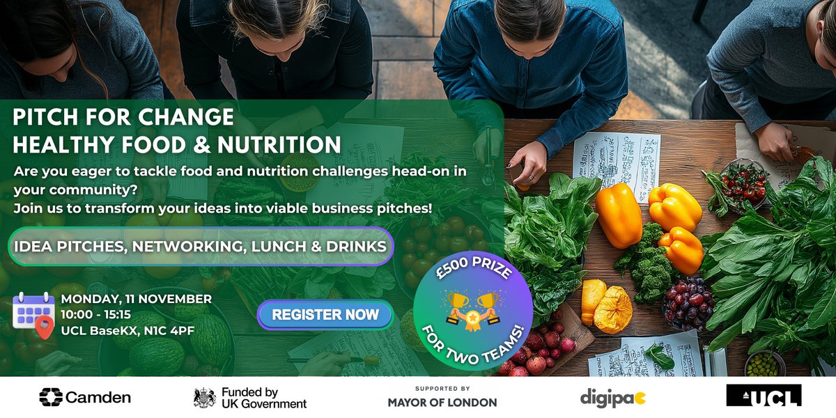 Join the Boosting Life Sciences Social Economy Programme at the ‘Pitch for Change - Healthy Food &amp; Nutrition: Camden' 🚀

🗓 Monday, 11 November 2024
🕙 10:00 a.m. - 3:15 p.m.
📍 UCL BaseKX

Register Now: eventbrite.com/e/pitch-for-ch…

#HealthyFoodChallenge #HealthyCamden