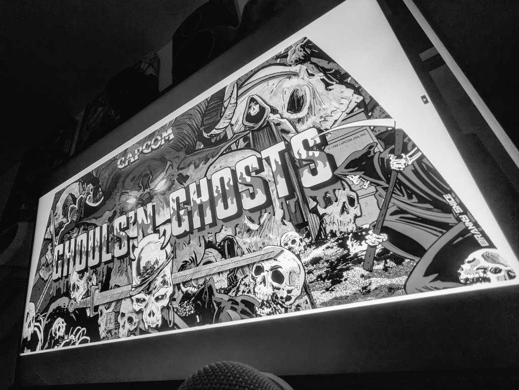 RannySnice's tweet photo. I want to thank @MrGamingRetro for his suggestion of darkening the background a little so that the "Ghouls' N Ghosts" logo stands out more prominently. I feel like this is what it needed and I am calling this done! #Sega #CandyCab #BlastCity #VersusCity #NetCity #Capcom #Arcade https://t.co/a4Mq0nwukM