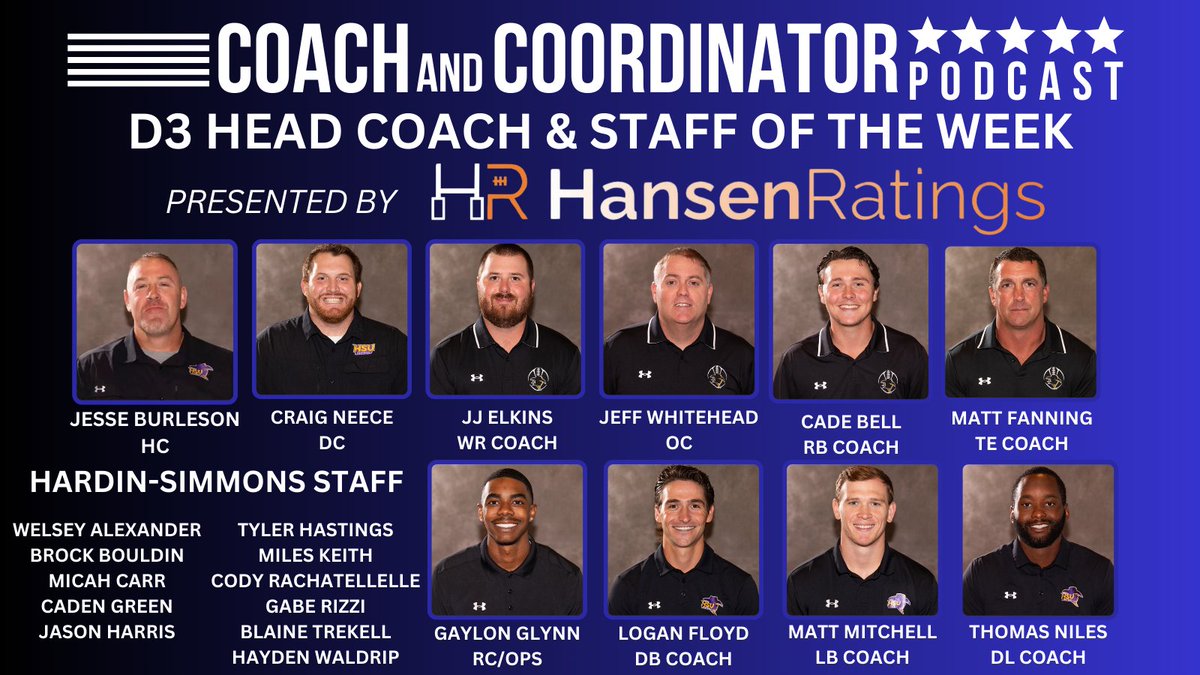 CoachKGrabowski's tweet photo. Coach and Coordinator D3 Head Coach and Staff of the Week presented by @LogHanRatings

Our HC of the Week is @HSUTX @HSUAthletics @HSUCowboys Jesse Burleson

He joins us to discuss how constant evaluation allows for continuous improvement.  

Listen:
🍎https://t.co/NowD0tjeXI
🟢https://t.co/cPfjys0CJr