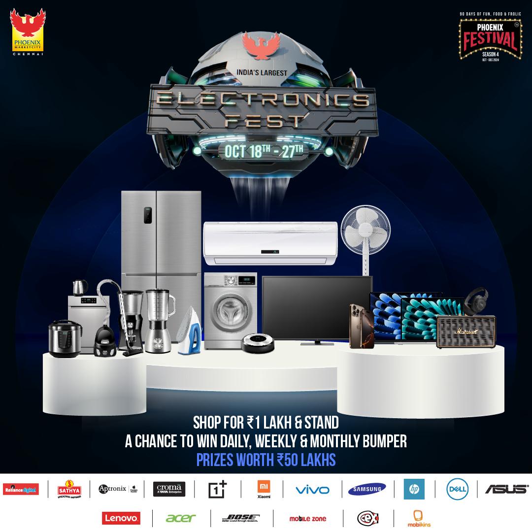 pmcchennai's tweet image. Get charged up! Phoenix MarketCity Chennai presents Electronics Fest - the ultimate tech extravaganza! Explore, experience, and upgrade your gadgets now!

#ElectronicsFest #PhoenixMarketCityChennai #TechDelight