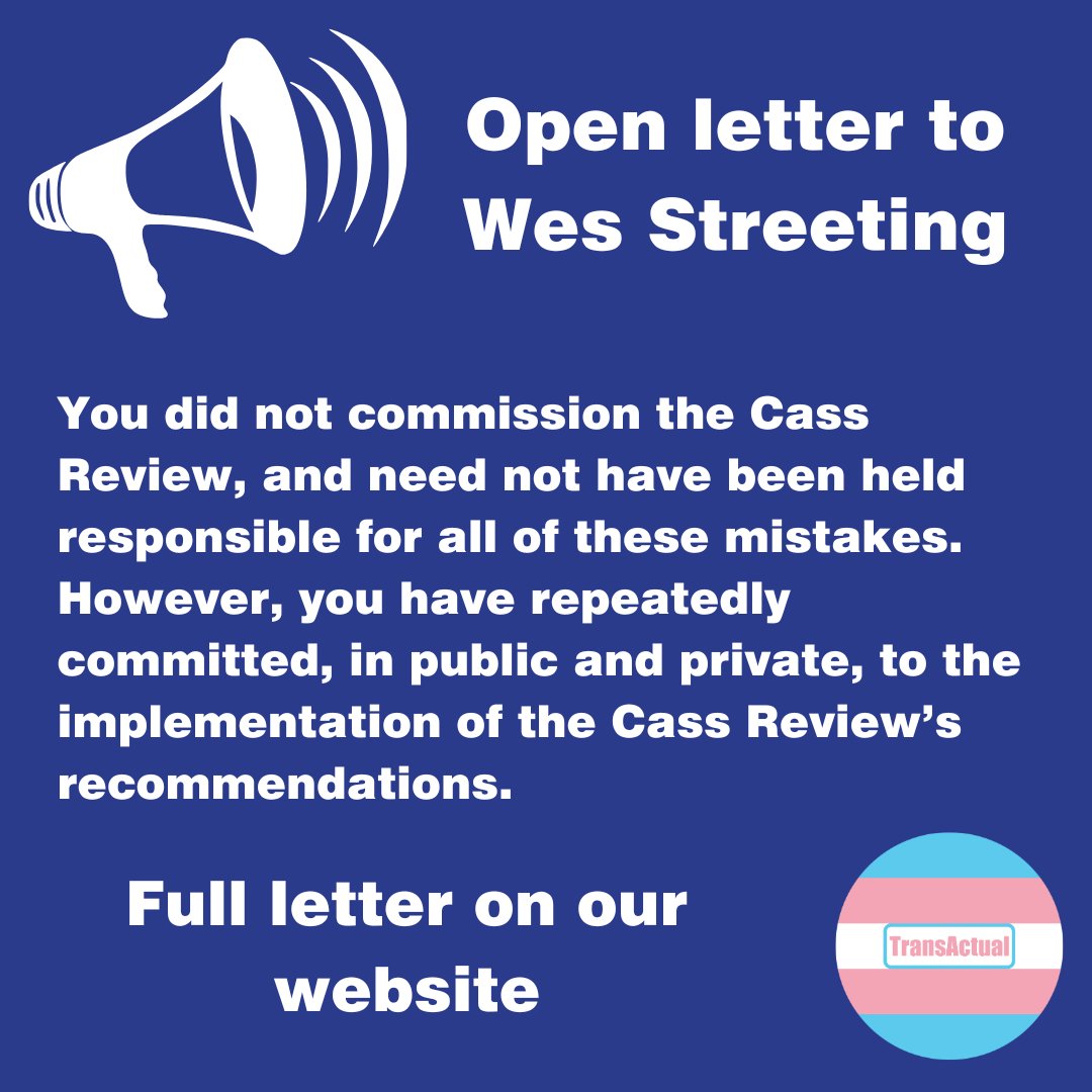 We've written, with 100+ others, to Wes Streeting to express our lack of confidence in the Cass Review and our concerns over the DHSC's implementation of it. 

Full letter at: transactual.org.uk/wp-content/upl…   

#Trans #TransHealth #Transgender #Nonbinary