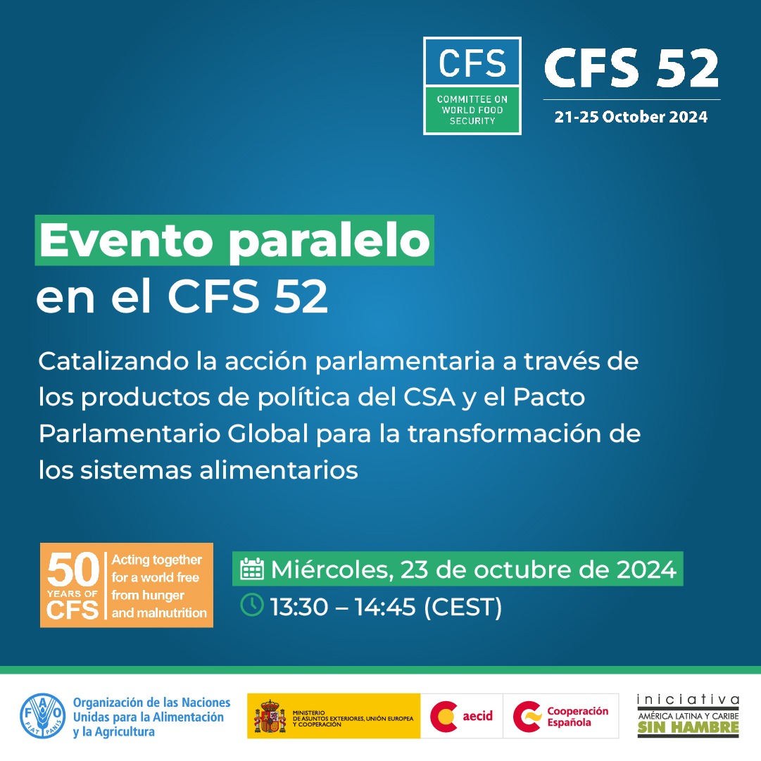 ALCsinhambre's tweet photo. 🌐 Este #23Octubre, únete a este importante evento para descubrir cómo la acción parlamentaria y el #PactoGlobalContraHambre, en línea con #CFS @fao y @AECID_es, pueden transformar los sistemas agroalimentarios 👇👇

#SomosCooperación ✨️

¡Regístrate! 
https://t.co/G1Aftvicbh https://t.co/hD5tgM7uRf