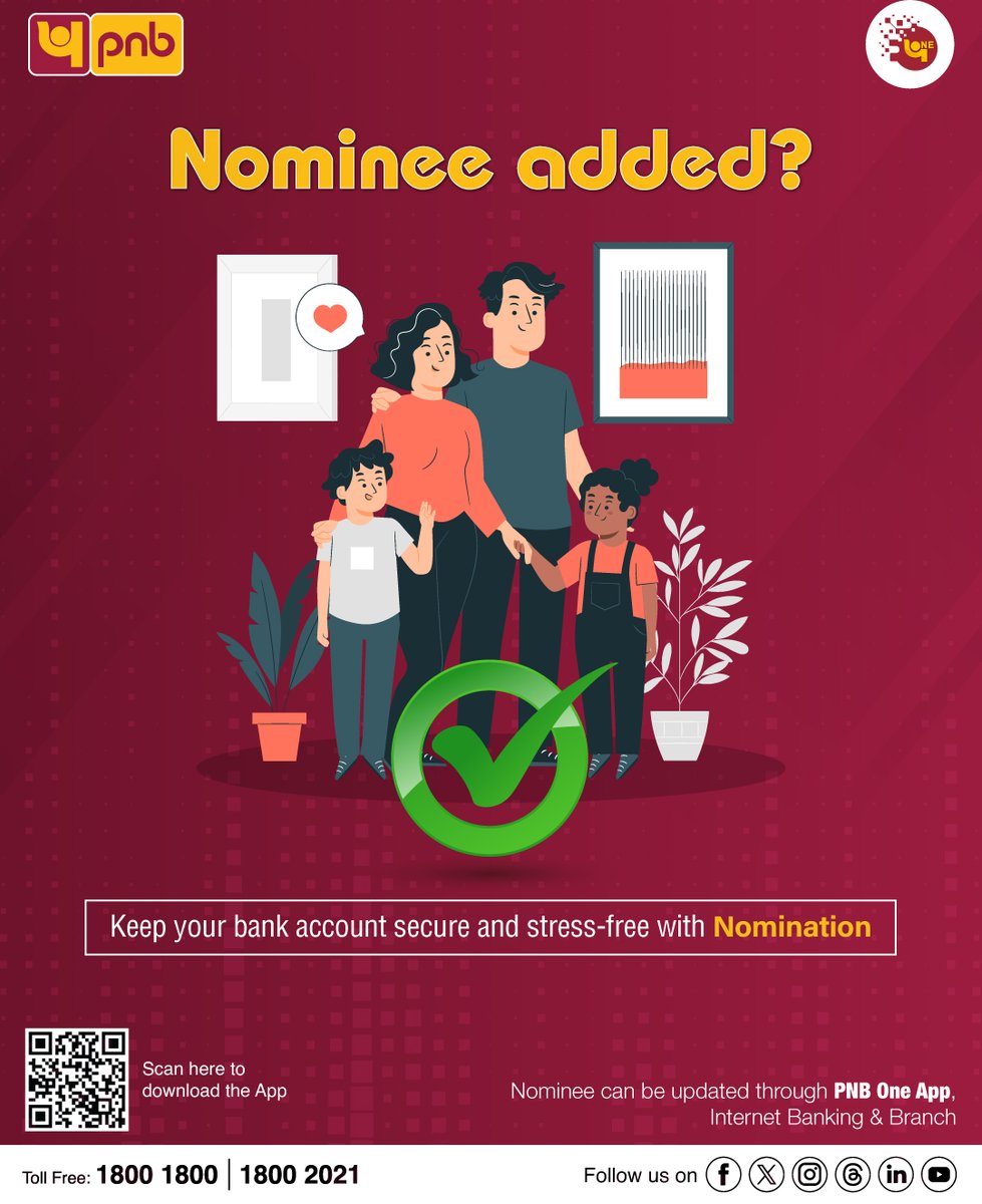 pnbindia's tweet photo. Add a Nominee to your bank account & keep your finances in good hands with Nomination!
For more info on Nomination, visit https://t.co/lNjCKg4g1q
#Nomination #Nominee #AddNominee #Banking #PNB #PNBOne https://t.co/4RpakswcrD