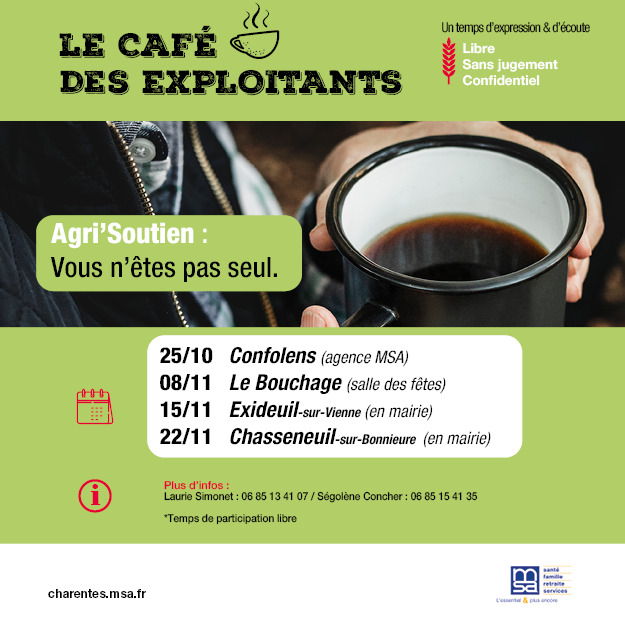 MSAdesCharentes's tweet photo. [☕️ Le Café des exploitants ☕️]

⛈️Météo,🐖crises sanitaires,🌽récoltes difficiles...

Les travailleurs sociaux et les élus de la #MSAdesCharentes proposent aux professionnels agricoles un temps 🗣️d’expression et👂d’écoute en Charente-Limousine.

#ElusMSA #Exploitant #Agriculteur https://t.co/4UqqAgO4Fj