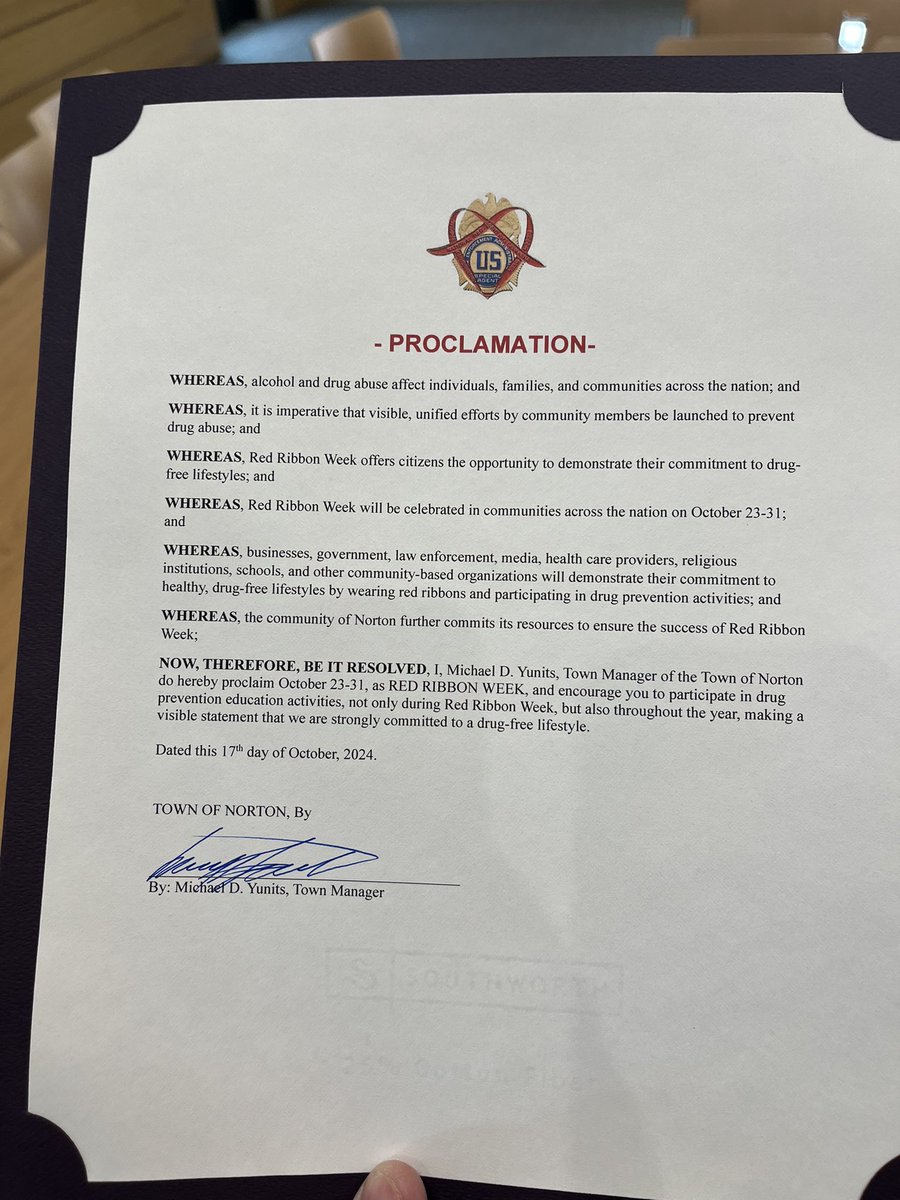 DEANEWENGLAND's tweet photo. The Town of Norton, Massachusetts has issued a public proclamation for DEA’s Red Ribbon week! 👏🏻 Members of the @NortonMaPolice and our New Bedford Office were there for the event! Nice work by all! The New England Field Division thanks you! #OpEngage #RedRibbonWeek https://t.co/XFNypjNTt5