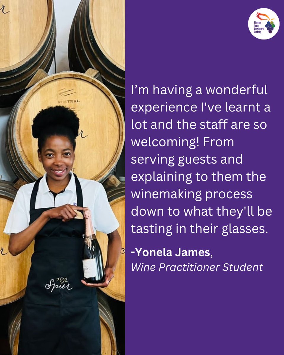 PYDA (@pydacademy) on Twitter photo Wine Practitioner student, Yonela James is currently doing her work placement at <a href="/SpierWineFarm/">Spier Wine Farm</a> It's been 4 weeks since our wine practitioner students have left the classroom and have been immersed in the world of work.
#workplacement #workreadiness #winelands Wine Practitioner student, Yonela James is currently doing her work placement at <a href="/SpierWineFarm/">Spier Wine Farm</a> It's been 4 weeks since our wine practitioner students have left the classroom and have been immersed in the world of work.
#workplacement #workreadiness #winelands