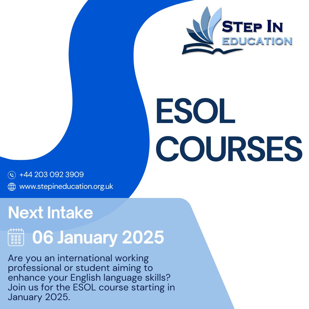 StepInEdulondon's tweet image. Exciting news! Our next intake for ESOL International students is on 6th January 2025!

Ready to improve your English skills? Visit our website at stepineducation.org.uk to learn more and apply today!

#esol #internationalstudents #stepineducation #LanguageLearning