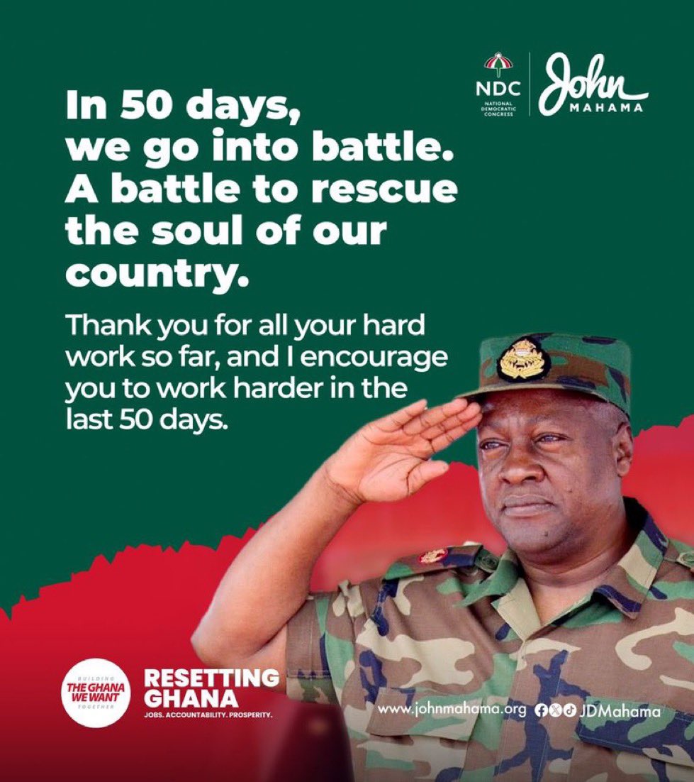 thefestusgh's tweet photo. In 50 days, we go into a battle to rescue the soul of our country! H.E John Mahama appreciates the impressive work so far and is encouraging us to go harder in the last 50 days.
#ChangeIsComing #MahamaForPresident 
#LookForTheUmbrella https://t.co/fWssNrcR2q