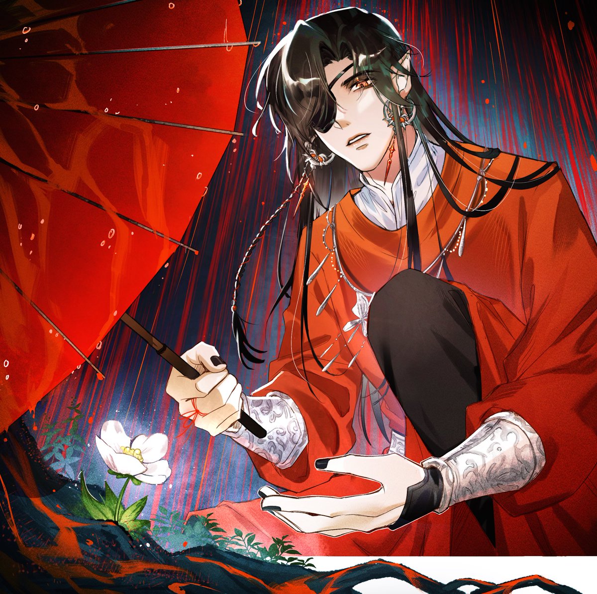 — “he saw a flower was getting battered by the bloody rain, so he stopped to shield it with his umbrella.” 🩸🪷

#tgcf #天官赐福 #huacheng