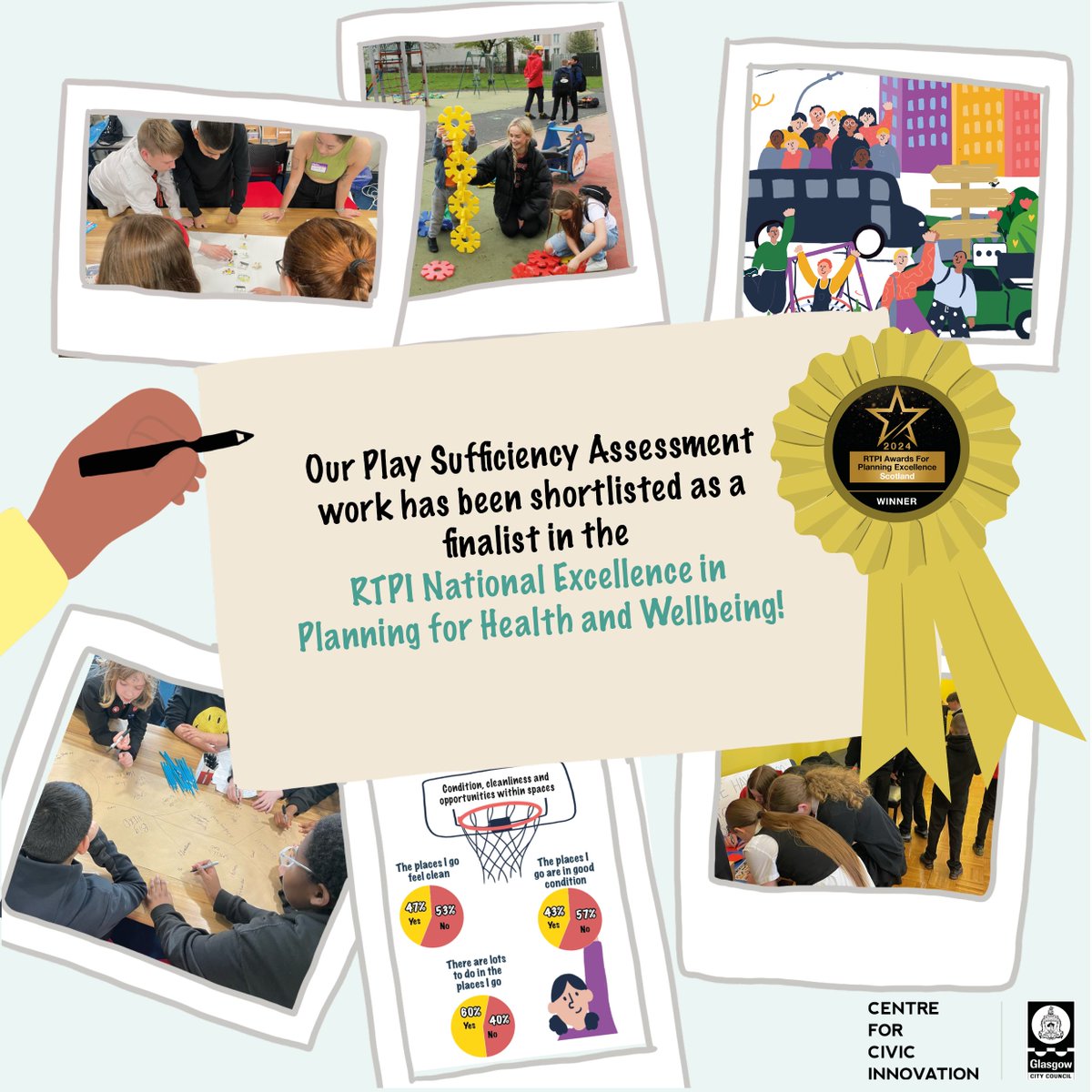 CCIGlasgow's tweet image. We&apos;re shortlisted as a finalist at the @RTPIPlanners awards for our work on the Play Sufficiency Assessment, where we engaged with over 5000 Young People in Glasgow to shape the future of play in the city!

Learn more: cciglasgow.org/projects/play-…

#DesignForGlasgow #DesignForPeople
