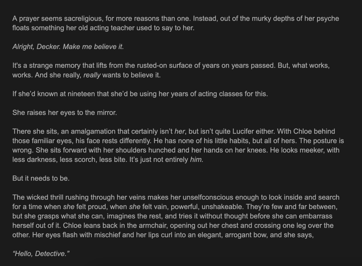 Mr____Midnight's tweet photo. I'm working away on my Lucifer &amp; Michael body swap fic,  but before this I did have a classic Deckerstar body swap WIP too. I may or may not ever post it (it's edgy — of course it is 😂) so here's at least a snippet #LuciferFanfiction https://t.co/MxWebqhUqA