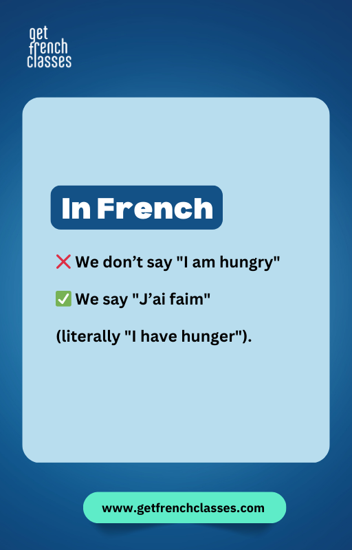 gfclasses's tweet photo. Learn the correct way to express hunger in French! ❌ We don’t say "I am hungry" ✅ Instead, say "J’ai faim," which literally translates to "I have hunger." #LearnFrench #FrenchExpressions #FrenchForBeginners #FrenchVocabulary #LanguageLearning #GetFrenchClasses https://t.co/1P8ZwpmR16