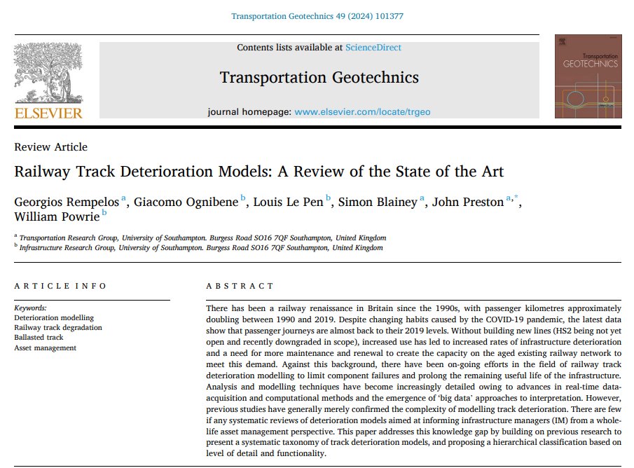 🚆 New research from #UoS_TRG! Our latest paper dives into the systematic classification of railway track deterioration models. We explore hybrid approaches to tackle increased wear on the UK’s ageing rail infrastructure.

Read it here: doi.org/10.1016/j.trge…

#TRG #UoS #Railway