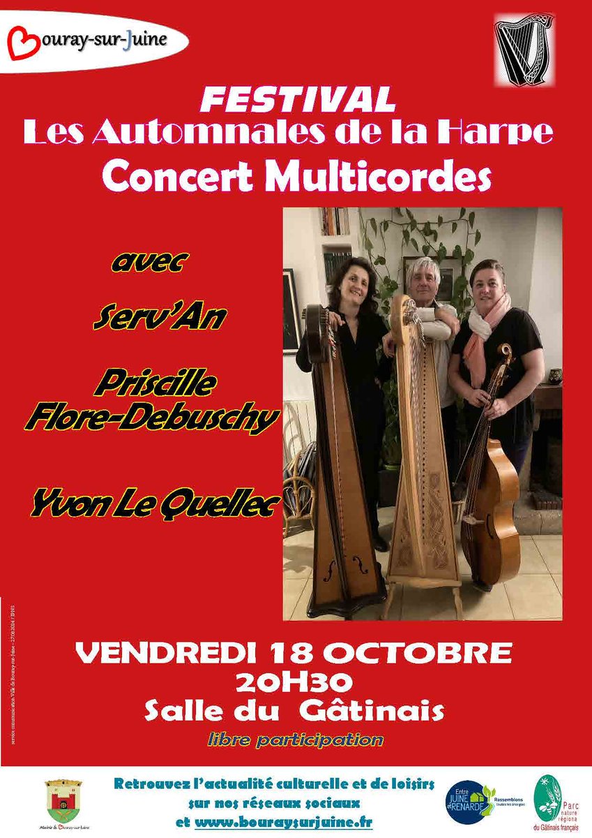 Concert «Multi-cordes» à Bouray !
Dans le cadre du Festival Les Automnales de la Harpe, venez découvrir le trio Servanne, Priscille et Yvon (deux harpes, guitare, viole de gambe et chant), vendredi 18 octobre à 20h30 salle du Gâtinais ( entrée gratuite - au chapeau).