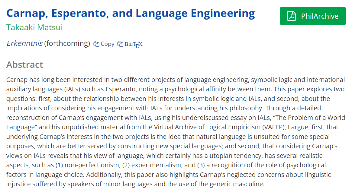 My paper "Carnap, Esperanto, and Language Engineering" has been accepted for publication in Erkenntnis! Preprint is available here:
philpapers.org/rec/MATCEA-7