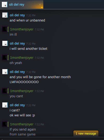 Wsc_ (@wsci3kly) on Twitter photo Hello, 4 days after unban I am getting banned for 1 year?
This guys said he will report me again for the same thing!
Check this guys tickets towards me PLEASE!
steam link : steamcommunity.com/id/olxvxr/
match lobby : faceit.com/en/cs2/room/1-…
<a href="/FACEIT_Darwin/">FACEIT Darwin</a> <a href="/FACEITSupport/">FACEIT Community Support</a> <a href="/FACEIT/">FACEIT</a> Hello, 4 days after unban I am getting banned for 1 year?
This guys said he will report me again for the same thing!
Check this guys tickets towards me PLEASE!
steam link : steamcommunity.com/id/olxvxr/
match lobby : faceit.com/en/cs2/room/1-…
<a href="/FACEIT_Darwin/">FACEIT Darwin</a> <a href="/FACEITSupport/">FACEIT Community Support</a> <a href="/FACEIT/">FACEIT</a>
