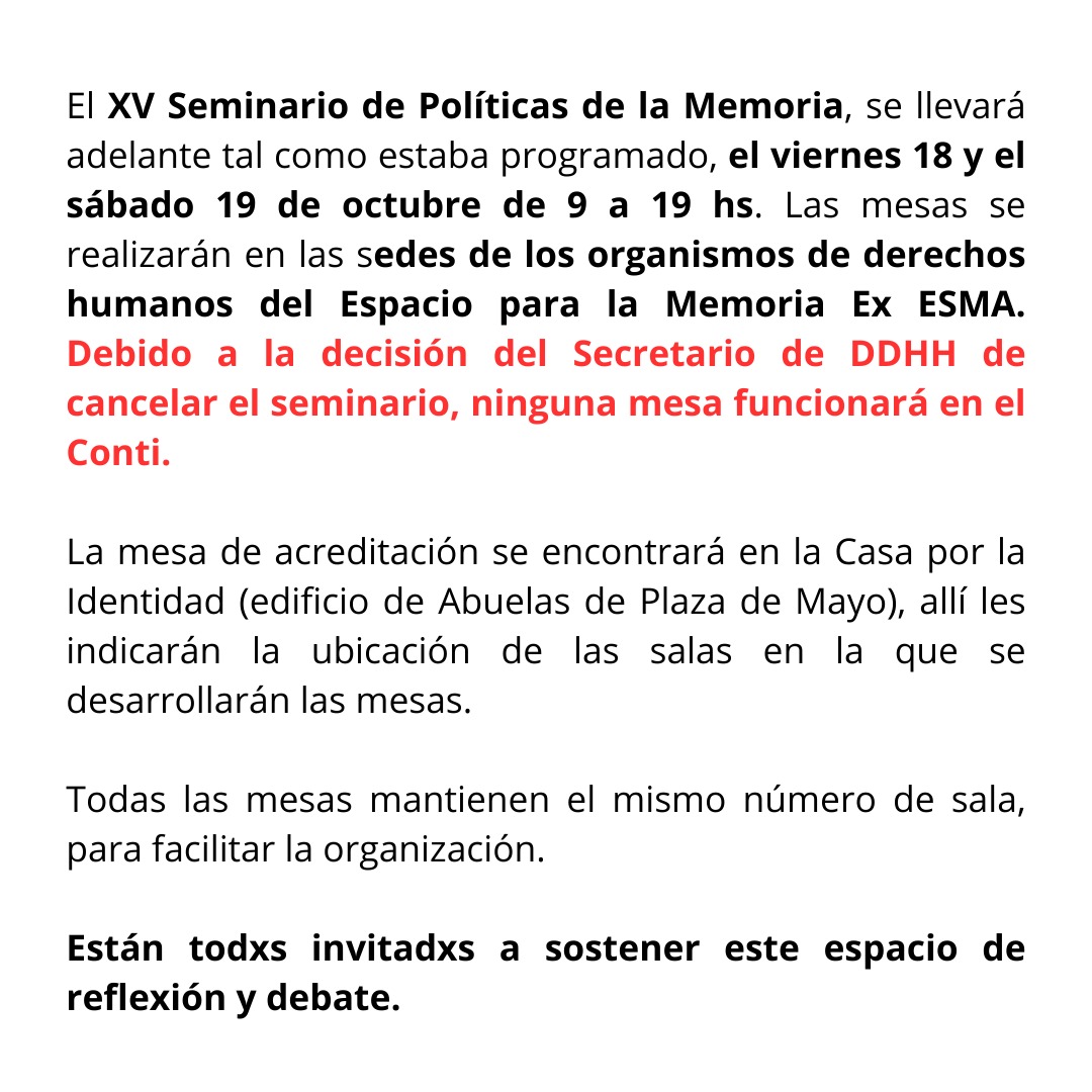 cdhpcnea's tweet photo. El Seminario Políticas de la Memoria no se cancela. 
Pese a la decisión del gobierno nacional de vaciar la Memoria, los organismos de DDHH seguimos resistiendo y organizándonos para debatir colectivamente. https://t.co/ObGsrme64z