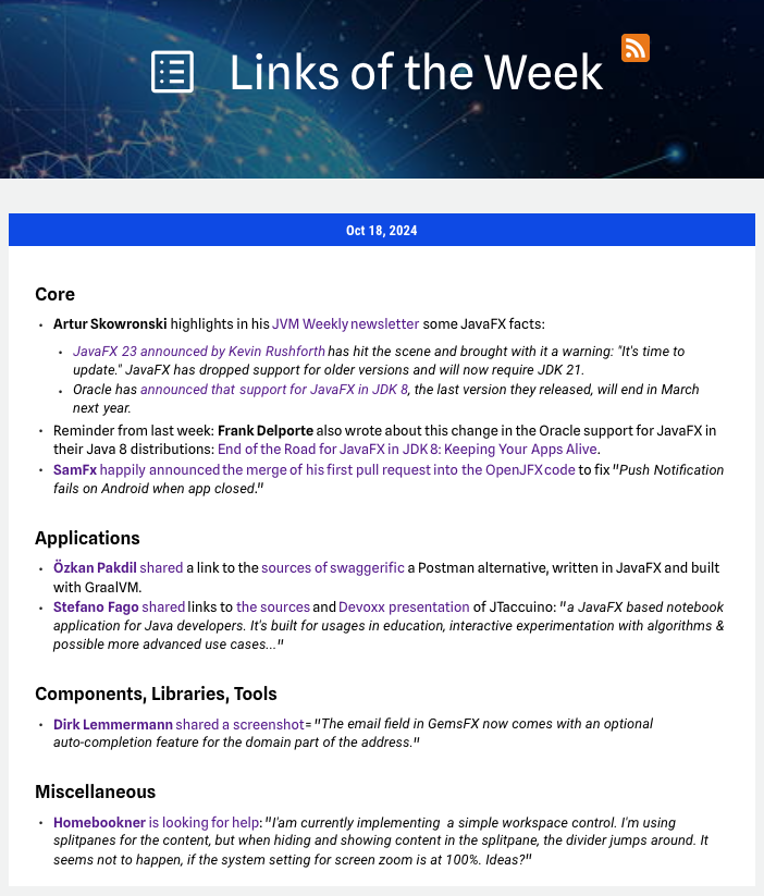 Here are the #JavaFX #LinksOfTheWeek as published on jfx-central.com/links

Thanks to
<a href="/ArturSkowronski/">Artur Skowronski</a> 
<a href="/FrankDelporte/">Frank Delporte #JavaOnRaspberryPi</a> 
@SamNaFX
<a href="/thejvmbender/">Özkan Pakdil</a> 
<a href="/stefanofago/">Stefano Fago</a> 
@dlemmermann 
<a href="/Heimbuchner_J/">Homebookner</a> 

Have a lovely weekend!