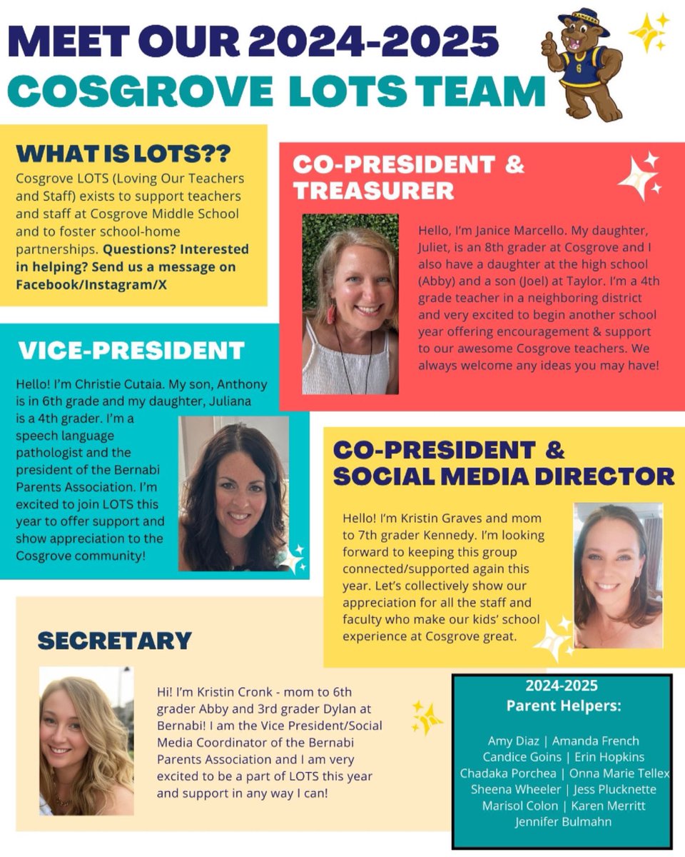 Introducing our wonderful LOTS team for 2024-2025. We look forward to planning appreciation events throughout the school year and can’t do it without the help of our Cosgrove families.