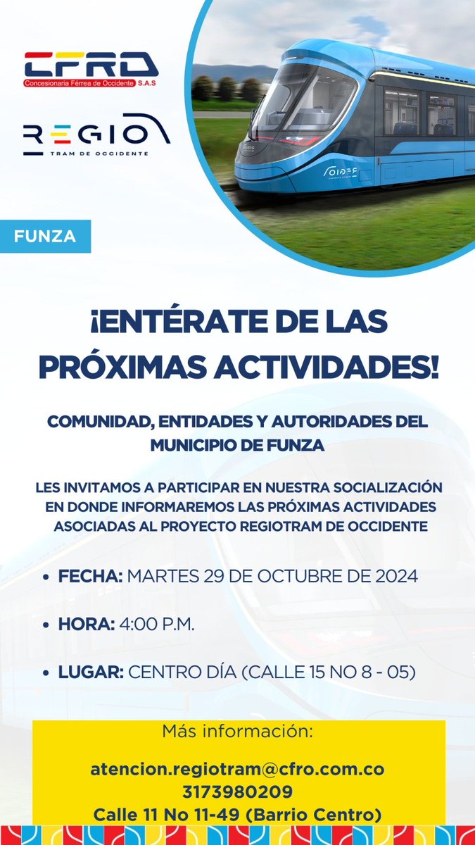 🚆📣 iAtención municipios de Sabana Occidente!📣🚆

La Concesionaria Ferrea de Occidente S.A.S te invita a las socializaciones en donde se informará sobre las próximas actividades a iniciar, asociadas a este importante proyecto.
#RegiotramDeOccidente