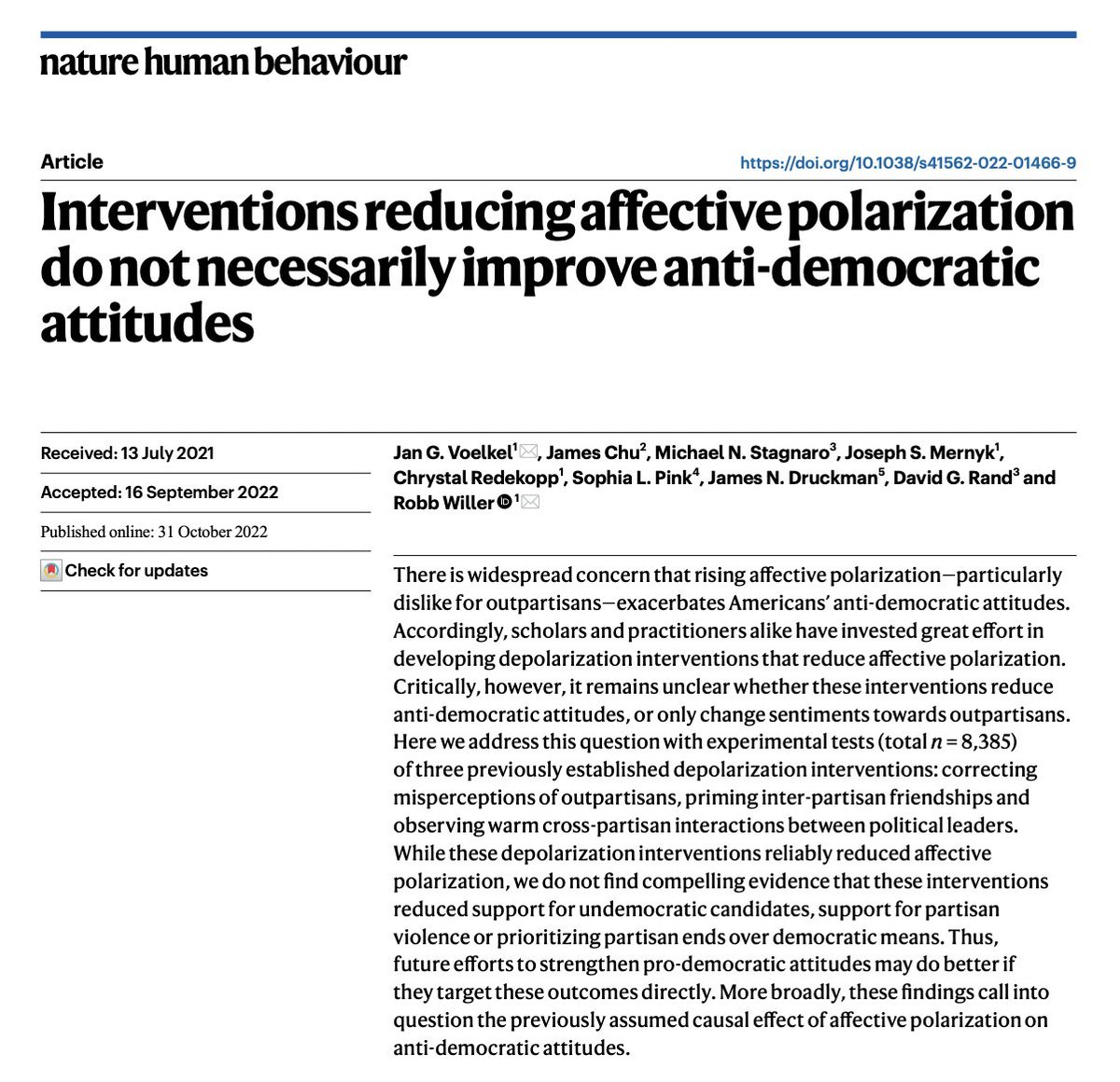 🚨 Strengthening Americans’ Democratic Attitudes🚨

For the last 4 years, we crowdsourced and tested ideas for ⬇️ antidemocratic attitudes &amp; partisan animosity.

A 🧵 on all papers, published/IP <a href="/ScienceMagazine/">Science Magazine</a> (🆕tinyurl.com/sdcsci🆕), <a href="/PNASNews/">PNASNews</a> (2x), <a href="/NatureHumBehav/">Nature Human Behaviour</a> (2x).