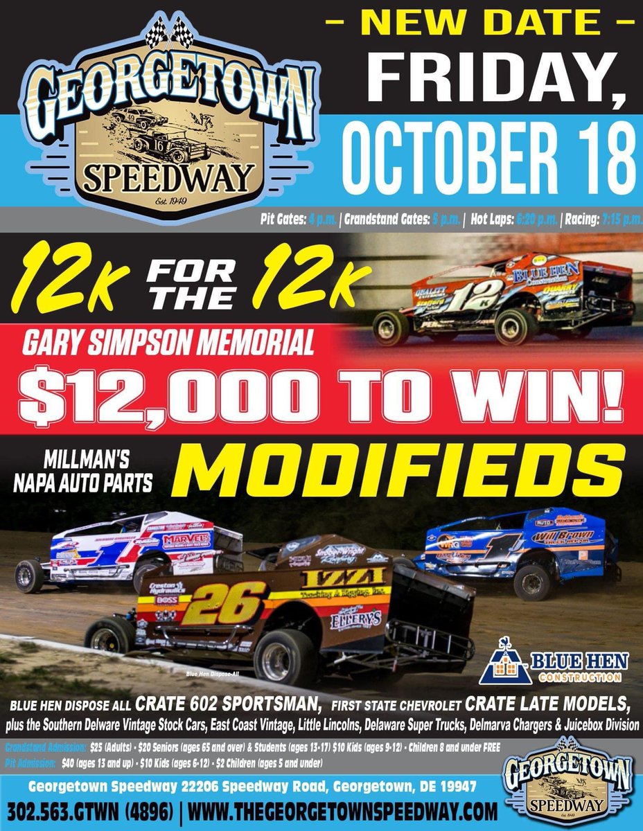 $𝟏𝟐𝐊 𝐟𝐨𝐫 𝐭𝐡𝐞 𝟏𝟐𝐊 𝐑𝐀𝐂𝐄𝐃𝐀𝐘❗

Georgetown Speedway roars back to life tonight with the Gary Simpson Memorial presented by Blue Hen Construction.