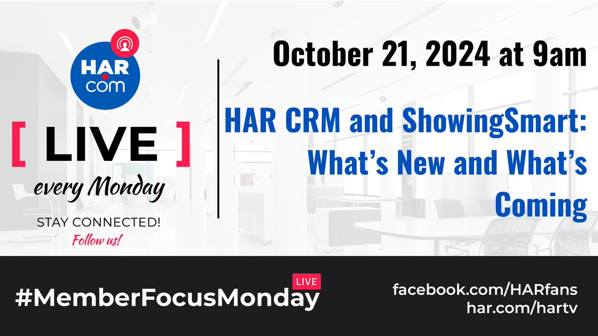 HARMembers's tweet photo. This Monday, HAR CRM and ShowingSmart Project Manager Richard Aguilar will share the latest updates and what features are coming to two of our most popular tools for HAR Members! Set your reminder to tune in on our Facebook Page or YouTube now - you won’t want to miss this! https://t.co/RwtXy23K2v