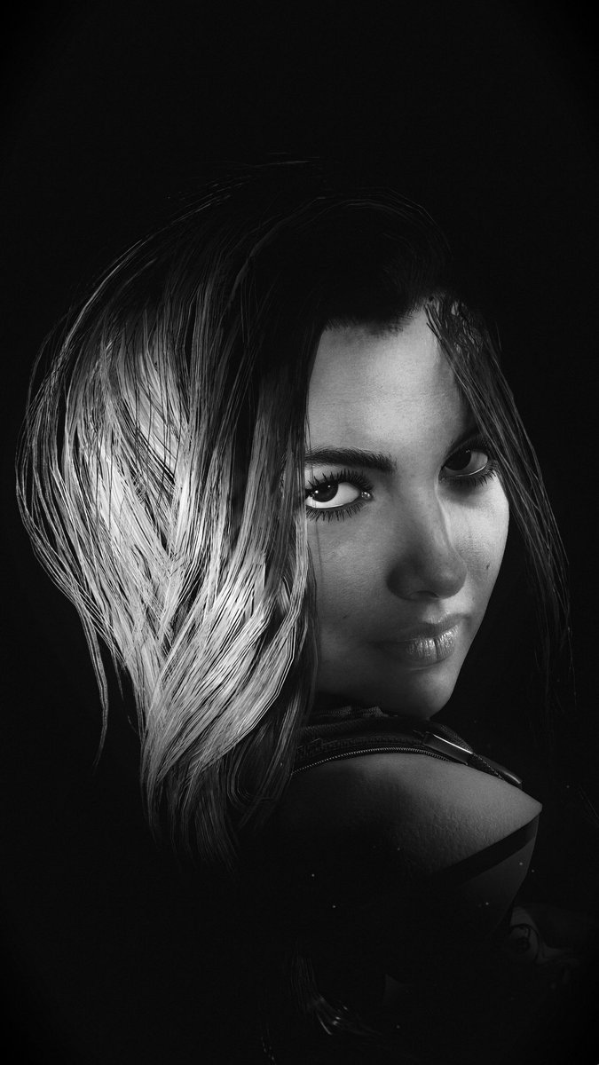 Claire's glorious hair for latest #monochooms2077 theme 😊

<a href="/lysshoots/">lyss</a>

#Cyberpunk2077 #VirtualPhotography