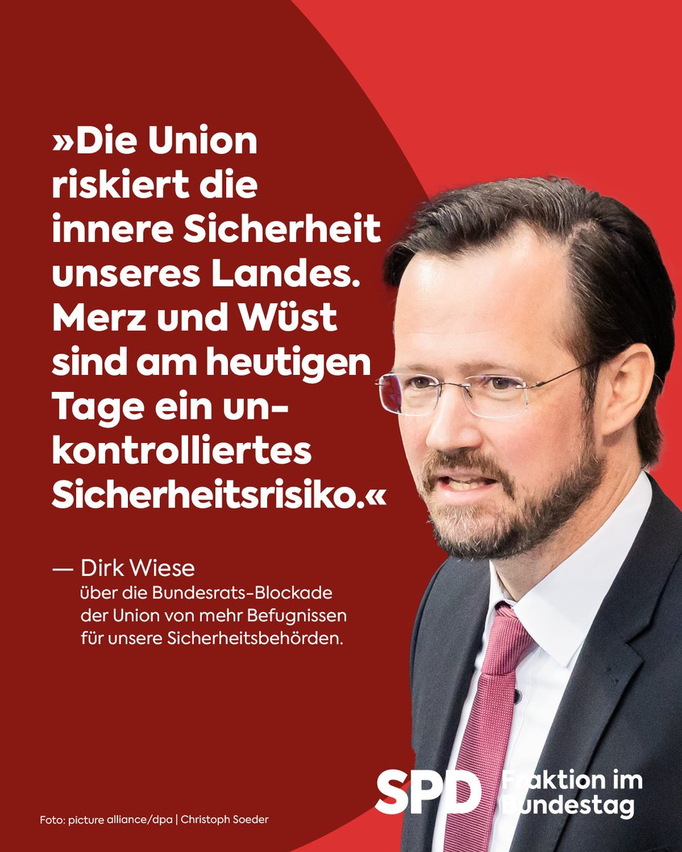 SPD-Fraktion im Bundestag (@spdbt) on Twitter photo Union blockiert zentrale Teile #Sicherheitspaket & zeigt, was ihr wichtig ist: der Regierung Knüppel zwischen die Beine zu werfen. <a href="/DirkWieseSPD/">Dirk Wiese Sauerland</a>: "Damit riskiert sie die innere Sicherheit unseres Landes. Merz und Wüst sind am heutigen Tage ein unkontrolliertes Sicherheitsrisiko." Union blockiert zentrale Teile #Sicherheitspaket & zeigt, was ihr wichtig ist: der Regierung Knüppel zwischen die Beine zu werfen. <a href="/DirkWieseSPD/">Dirk Wiese Sauerland</a>: "Damit riskiert sie die innere Sicherheit unseres Landes. Merz und Wüst sind am heutigen Tage ein unkontrolliertes Sicherheitsrisiko."