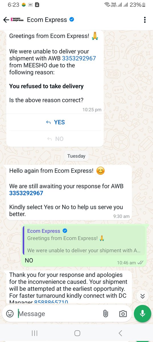 PavanKumarGupt7's tweet photo. Hi Team, Is this your delivery service? Your delivery agent returning delivery packet with false reasons and without connecting to customer. When I'm calling him back nither delivery guy nor your DC manager picking the call. @Meesho_Official @meesho_support https://t.co/Axg8qHFGHW
