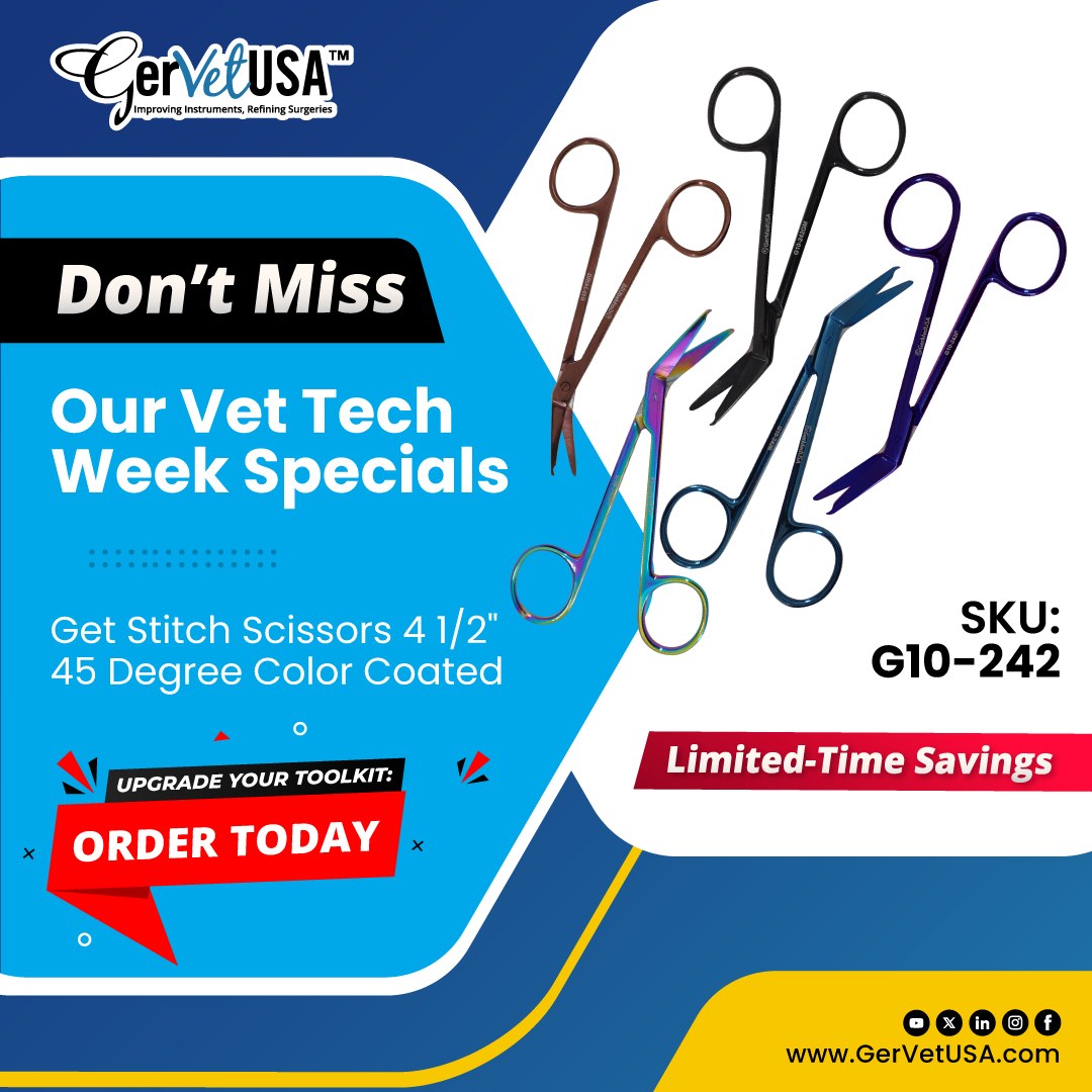 GerVetUSA's tweet image. Don’t Miss Our Vet Tech Week Specials!

We’re excited to offer you exclusive savings on our Stitch Scissors 4 ½" 45 Degree, Color Coated are perfect for all your suture removal needs!

Order Now: tinyurl.com/24uwagvp

#VetTechWeek #VeterinaryTools #StitchScissors #animals