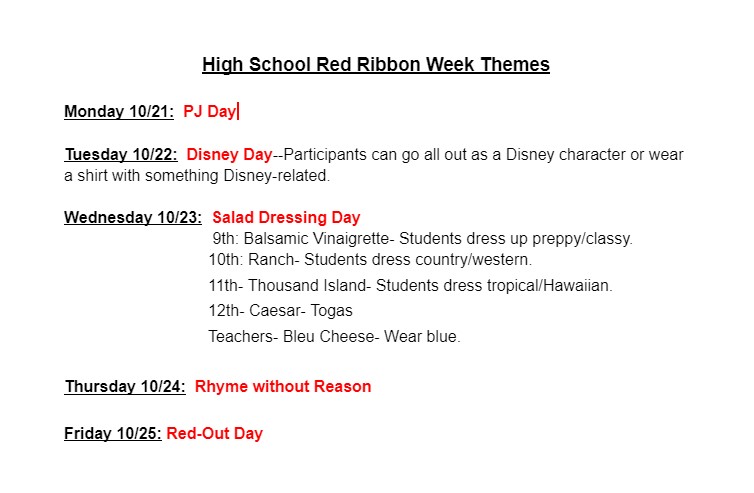Northern Cambria School District (@ncsdcolts) on Twitter photo Red Ribbon Week is next week!  Here are the HIGH SCHOOL theme days. Red Ribbon Week is next week!  Here are the HIGH SCHOOL theme days.