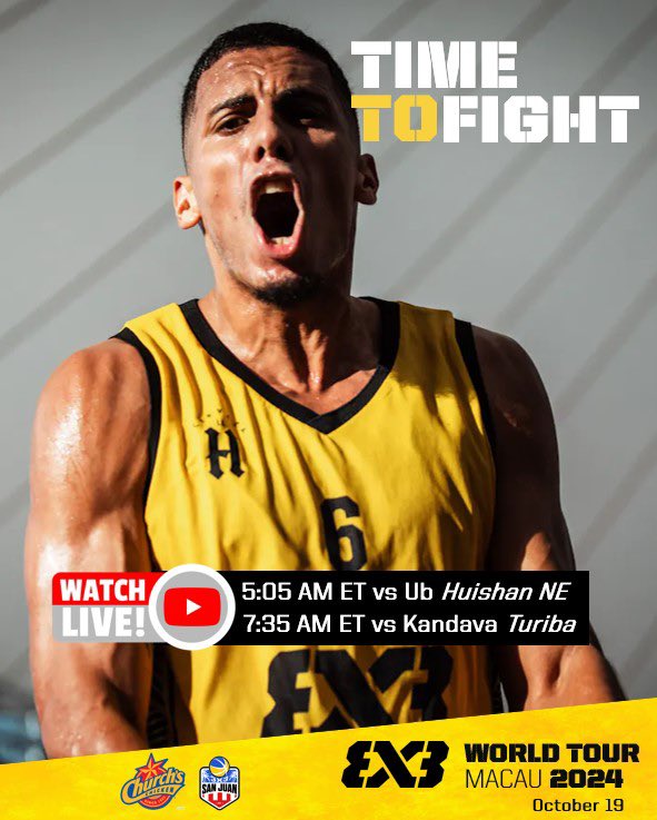 Team San Juan 3x3 (@san_juan_3x3) on Twitter photo #3x3WT MACAU MASTERS, Oct 19-20
Been there, done that. Let’s get it done one more time.
5:05AM ET vs Ub Huishan NE 🇷🇸
7:35AM ET vs Kandava Turiba 🇱🇻
🔴WATCH LIVE on YouTube/FIBA3x3
Let’s keep the FIGHT!
Presented by <a href="/ChurchsPR/">Church's Chicken PR</a> Cerveza La H <a href="/ComiteOlimpico/">Comité Olímpico PUR</a> <a href="/fbpur/">FBPUR 🏀🇵🇷</a> #3x3WT MACAU MASTERS, Oct 19-20
Been there, done that. Let’s get it done one more time.
5:05AM ET vs Ub Huishan NE 🇷🇸
7:35AM ET vs Kandava Turiba 🇱🇻
🔴WATCH LIVE on YouTube/FIBA3x3
Let’s keep the FIGHT!
Presented by <a href="/ChurchsPR/">Church's Chicken PR</a> Cerveza La H <a href="/ComiteOlimpico/">Comité Olímpico PUR</a> <a href="/fbpur/">FBPUR 🏀🇵🇷</a>