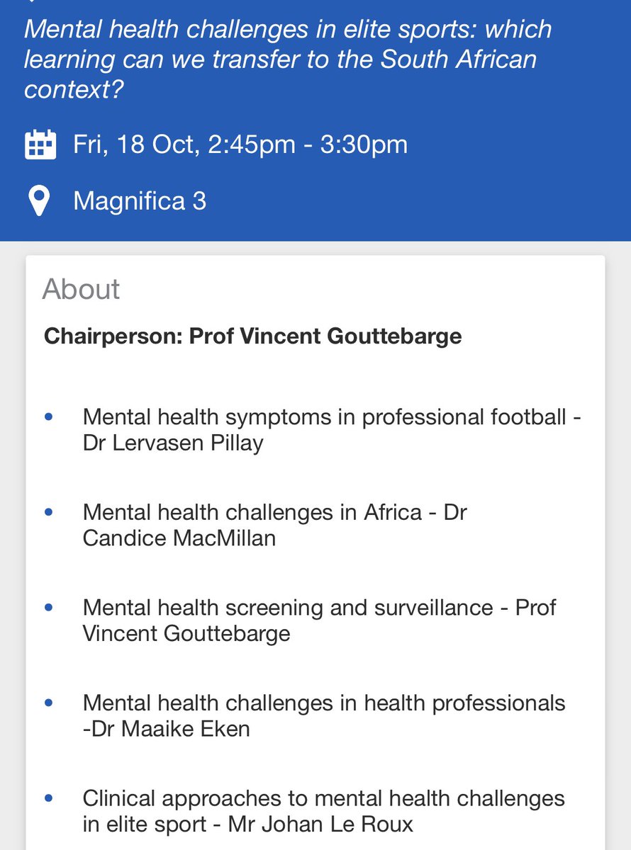 James Burger (@jameswburger) on Twitter photo So great that there’s a mental health parallel session at #SASMA2024! Led by <a href="/VGouttebarge/">Vincent Gouttebarge</a> with <a href="/lervasen/">#sportsdoc</a> <a href="/CandicePhysio/">Candice MacMillan</a> <a href="/MaaikeEken/">Maaike Eken</a> <a href="/johanleroux13/">Johan le Roux</a> #MentalHealthInSports #sportspsychiatry <a href="/SASMA_ZA/">SASMA</a> So great that there’s a mental health parallel session at #SASMA2024! Led by <a href="/VGouttebarge/">Vincent Gouttebarge</a> with <a href="/lervasen/">#sportsdoc</a> <a href="/CandicePhysio/">Candice MacMillan</a> <a href="/MaaikeEken/">Maaike Eken</a> <a href="/johanleroux13/">Johan le Roux</a> #MentalHealthInSports #sportspsychiatry <a href="/SASMA_ZA/">SASMA</a>