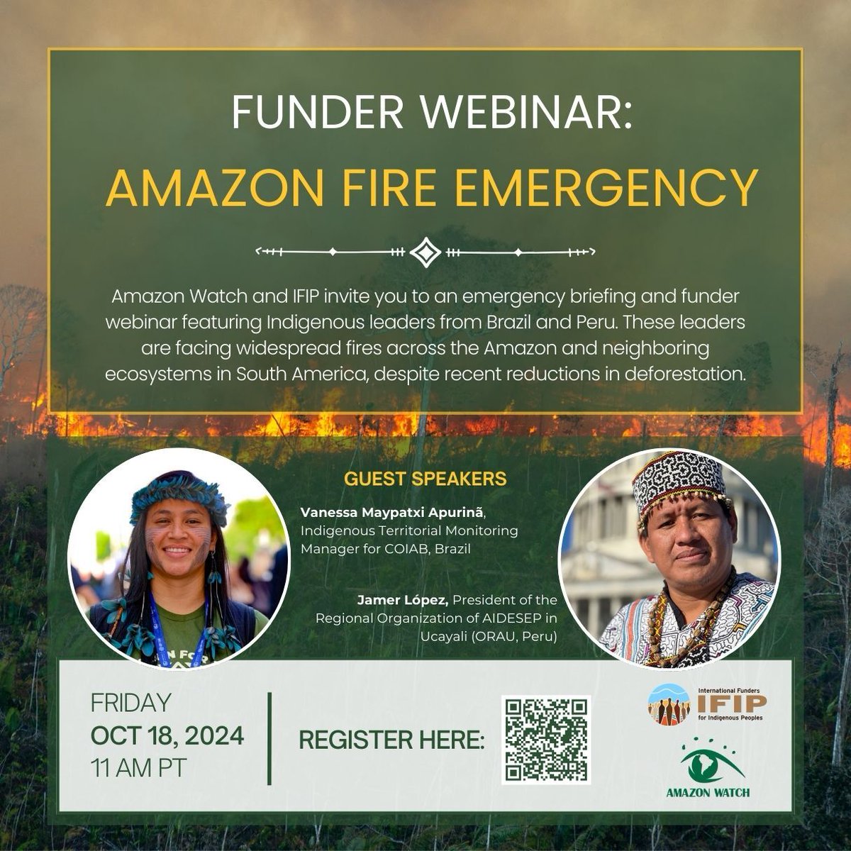 HAPPENING TODAY!
Join us for an emergency briefing and funder webinar with #Indigenous leaders from Brazil and Peru who are facing #fires across the #Amazon, despite decreasing deforestation rates.
Register today: us02web.zoom.us/meeting/regist…