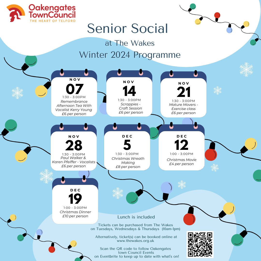❄ Our Winter Senior Social Programme of events is out now! ❄ 

Tickets are now on sale online and in person for our Winter Programme, take a look at what we’ve got coming up👇  

Tickets can be purchased in person at The Wakes or at tinyurl.com/SeniorSocialWi…