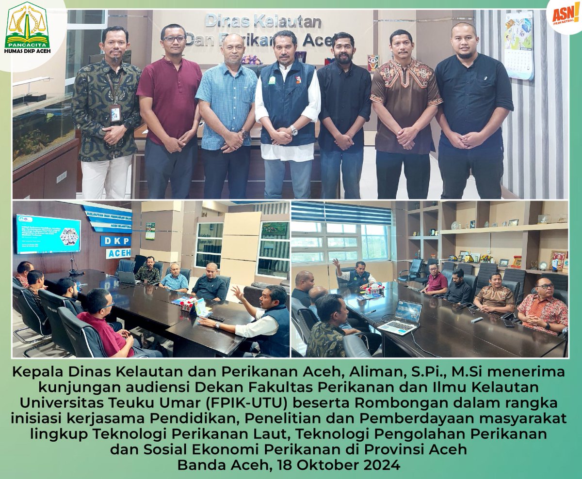 DkpAceh's tweet photo. Ka. DKP Aceh, Aliman, S.Pi., https://t.co/ayo1q7ZgQr menerima kunjungan audiensi Dekan Fakultas Perikanan dan Ilmu Kelautan Universitas Teuku Umar (FPIK-UTU) beserta Rombongan
#kadisdkpaceh #alimankadisdkpaceh #dkpaceh
#dinaskelautandanperikananaceh #pemerintahaceh #fpikutu https://t.co/UEgohn5BQj