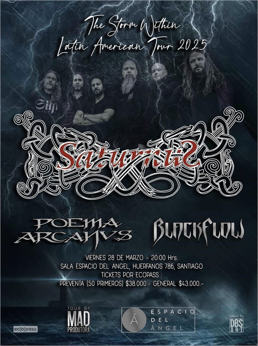 Saturnus en Chile (Santiago)

La cita es el viernes 28 de Marzo en Sala Espacio del Angel, Santiago a las 20:00 hrs.

Tickets muy limitados, pues será un concierto íntimo para 230 personas. Preventa abierta de 50 tickets desde ahora en link: 

ecopass.cl/events/saturnu…?