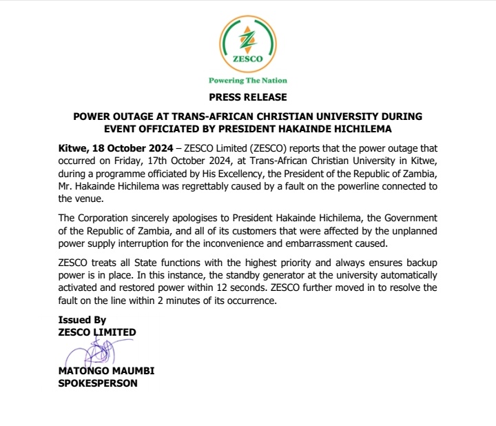 Michael_Kaluba2's tweet photo. ZESCO limited issues apology for power outage during Presidential event in Kitwe. https://t.co/bAJI9mlzKo