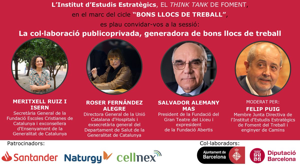 FomentTreball's tweet photo. #Recordatori 23/10/⏱️ Nova jornada del cicle “Bons llocs de treball: democràcia, creixement i benestar en el segle XXI" del think tank de #Foment, patrocinada per @bancosantander, @Naturgy i @cellnextelecom.
🎯 No t'ho perdis! Inscriu-te aquí: https://t.co/jlFaeicyU5 https://t.co/kk5XQKfR6E