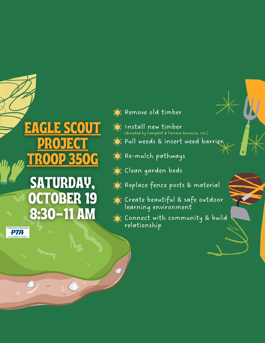 Help our school gardens be a beautiful and safe space for learning and growing All-Stars! October 19, 8:30 - 11:00 am at 1415 S Queen St (behind school at the Little School House on top of the hill). Bring gloves and sun protection. Tools and snacks will be provided.<a href="/HFBAllStars/">Hoffman Boston Elementary School</a>