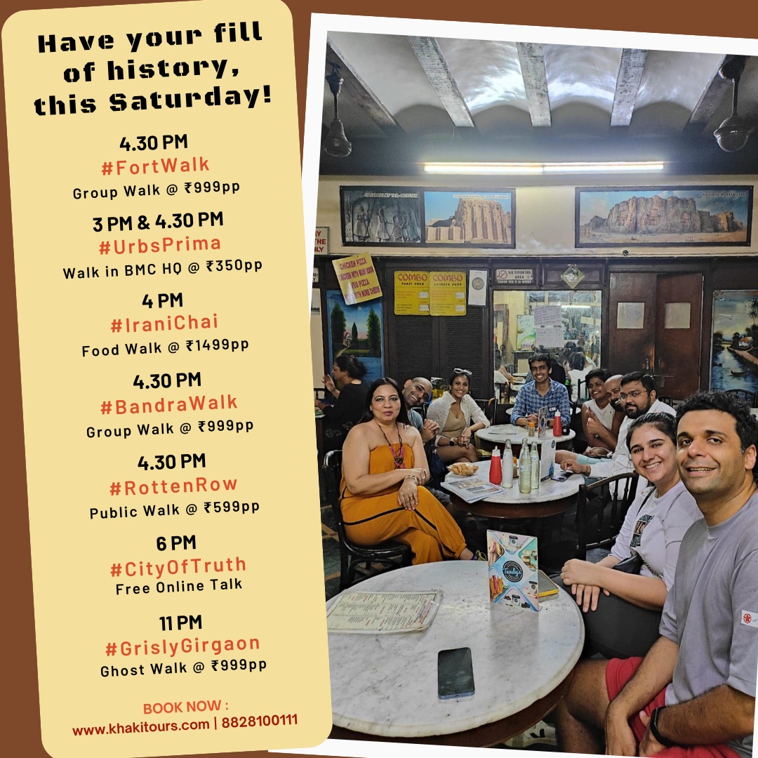Khaki_Tours's tweet photo. This Saturday, explore Mumbai through the KHAKI lens!

#FortWalk - Daily, 4.30 PM
#UrbsPrima - Sat, 19th October, 3 & 4.30 PM
#IraniChai - Sat, 19th October, 4 PM
#BandraWalk - Sat, 19th October, 4.30 PM
#RottenRow - Sat, 19th October, 4.30 PM
#CityOfTruth - Sat, 19th October, 6 PM
#GrislyGirgaon - Sat, 19th October, 11 PM

📍Book now at: https://t.co/iK2lqaOwlr

#FoodWalk #Mumbai #Bombay #Heritage #History #ThingsToDoInMumbai #Fort #BandraWalk #GhostWalk #MumbaiFort #HeritageWalk