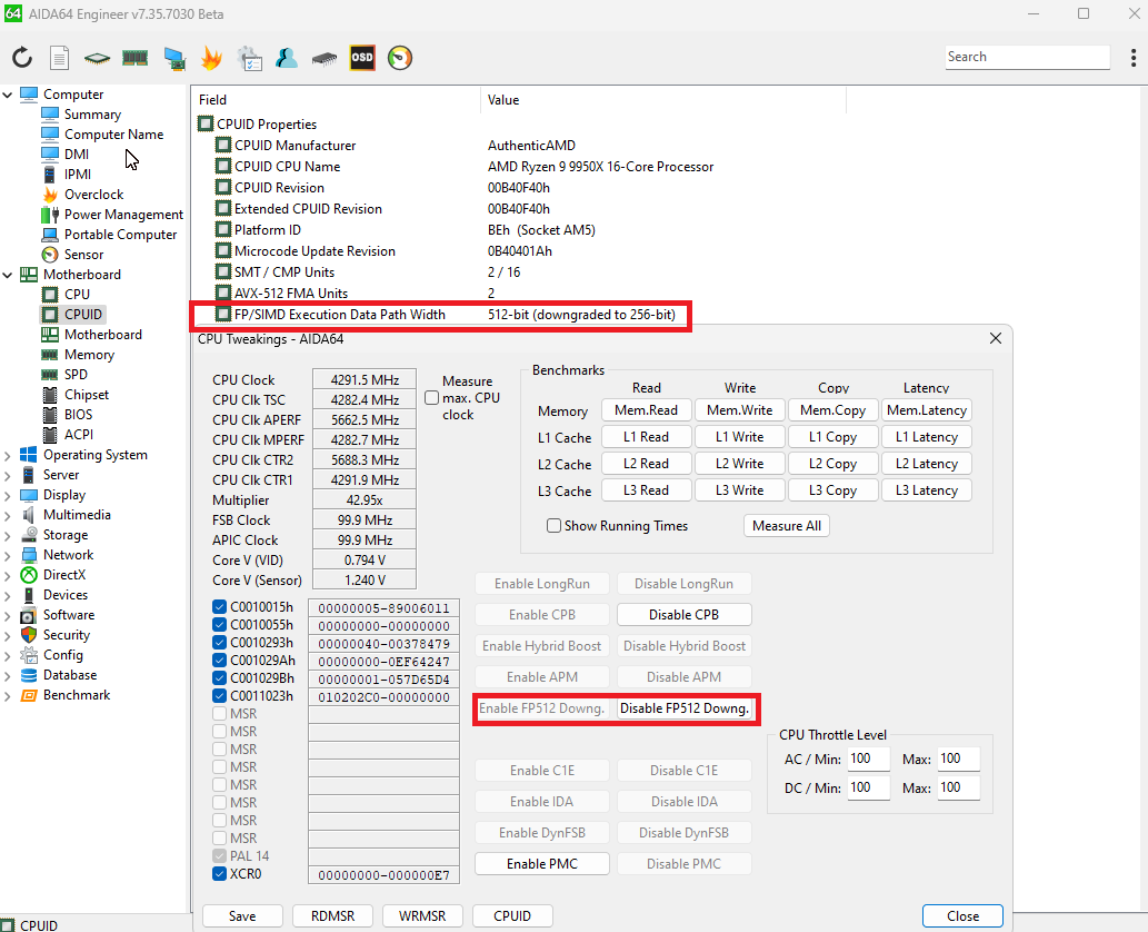 InstLatX64's tweet photo. #AIDA64 as of v7.35.7030 Beta supports the #AVX512 256b<->512b mode switch on #AMD #Zen5 #GraniteRidge, #Turin, #TurinD without reboot.
Except the 3clks FADD, it can be a good #StrixPoint emulator https://t.co/ihVO58i9vv