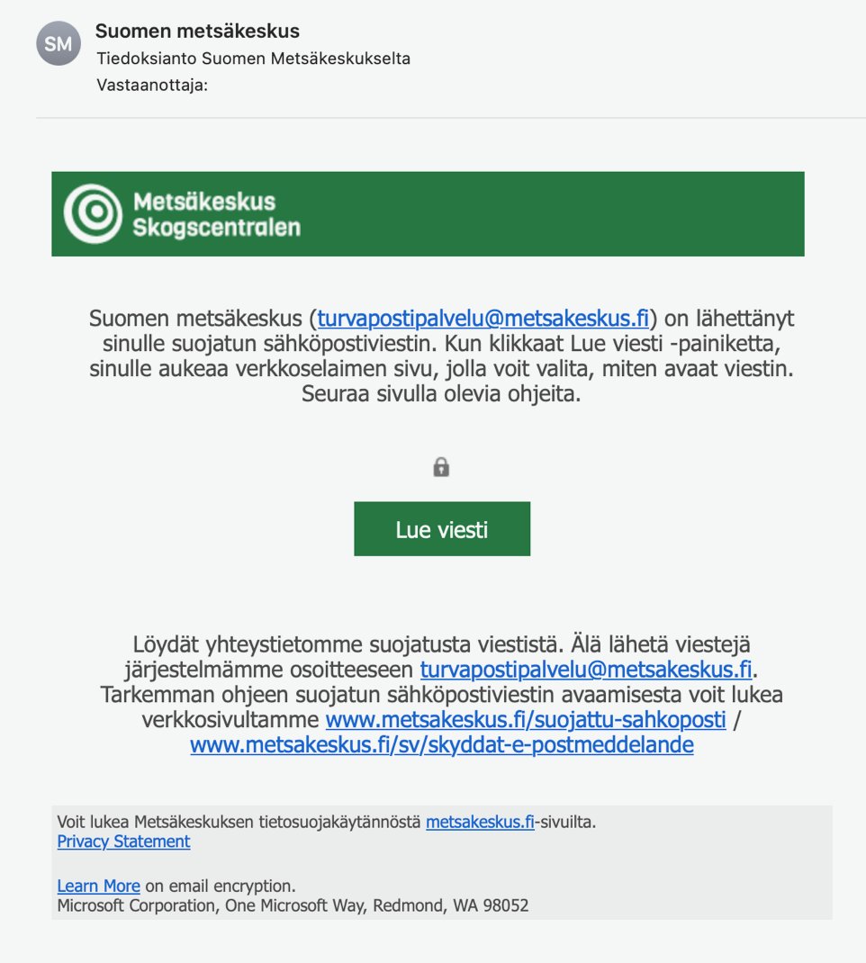 Turvaposti by <a href="/metsakeskus/">Suomen metsäkeskus</a> - puoli vuotta sen jälkeen, kun turvapostihuijauksilla urkittiin M365-tunnuksia. Viestin voisi lukea tunnuskoodilla, jota ei koskaan tullut tai kirjautuen organisaatiotason M365-tunnuksilla. Onkohan tämä ihan loppuun mietitty juttu? #digiturva