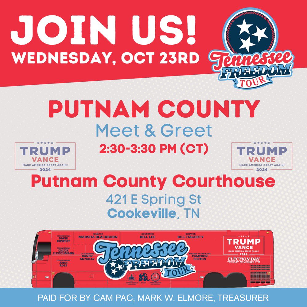 Please join Speaker Cameron Sexton and I and members of TN’s Federal delegation as we get out the vote and celebrate Freedom with like-minded conservatives at our bus tour stop on Wednesday at the Putnam Co. courthouse. Look forward to seeing you there! #25th #42nd #TNFreedomTour