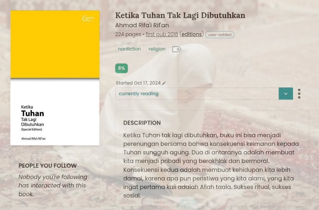 faragraphs's tweet photo. 𝒄𝒖𝒓𝒓𝒆𝒏𝒕𝒍𝒚 𝒓𝒆𝒂𝒅𝒊𝒏𝒈 ྀ࿐ ˊˎ-
Ketika Tuhan Tak Lagi Dibutuhkan by Ahmad Rifa'i Rif'an
Reading my physical TBR as part of #OcToBeRead challenge hosted by @luneillei https://t.co/TYn7x9psmr